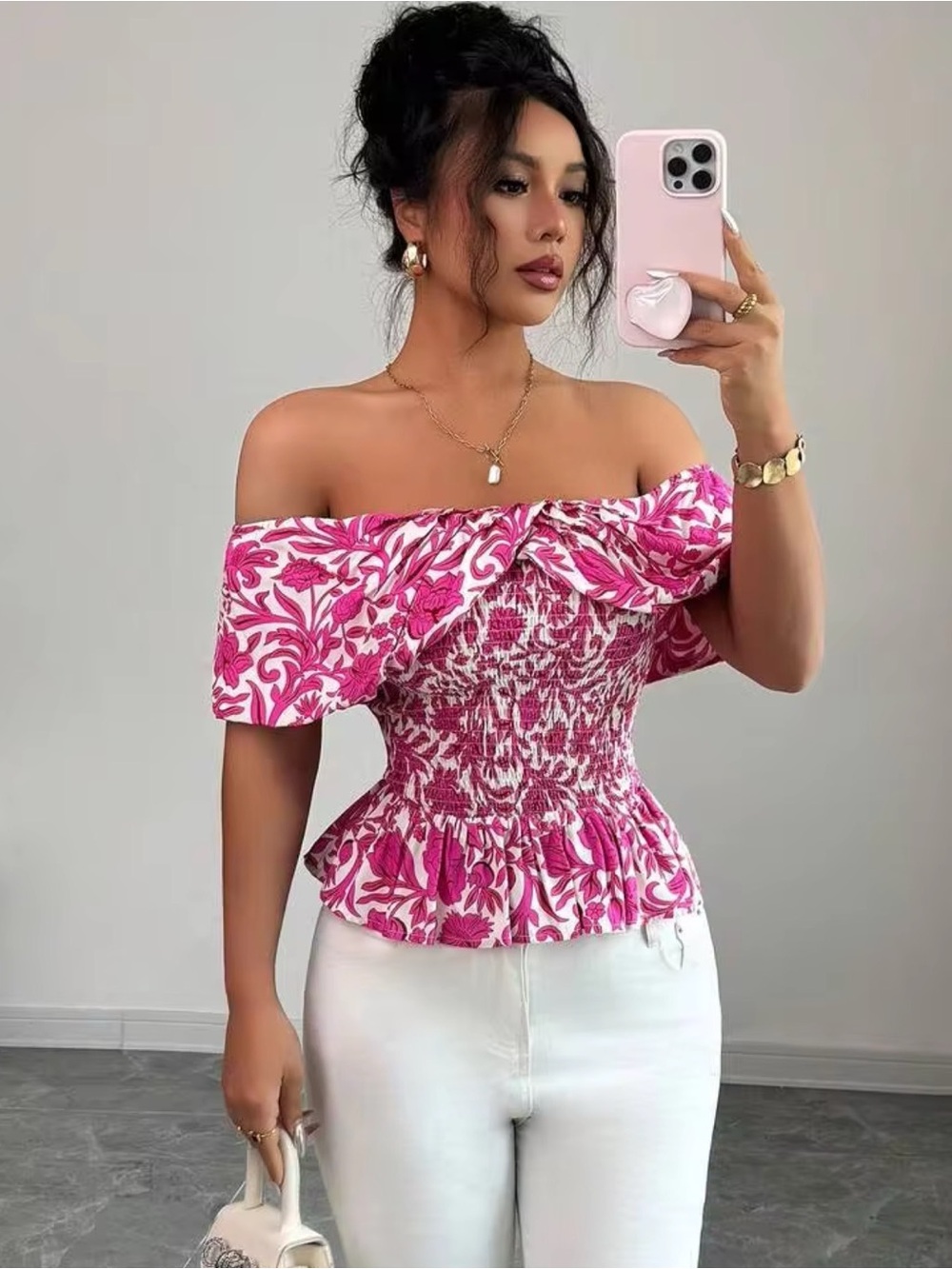 Pink Floral Off-Shoulder Slimming Smocked Peplum Top XL